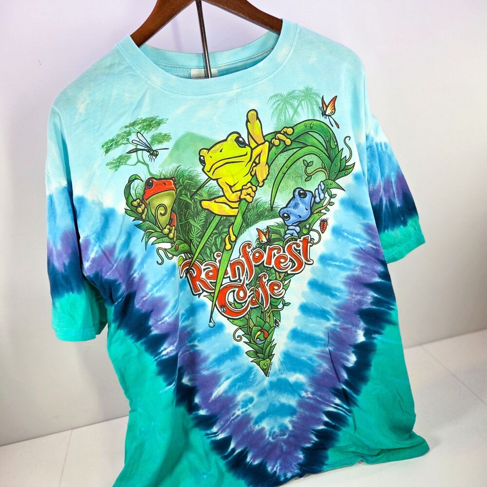 Vintage Rainforest Cafe Frog Tie Dye T-Shirt Men’s 2X Blue Green Souvenir Tee